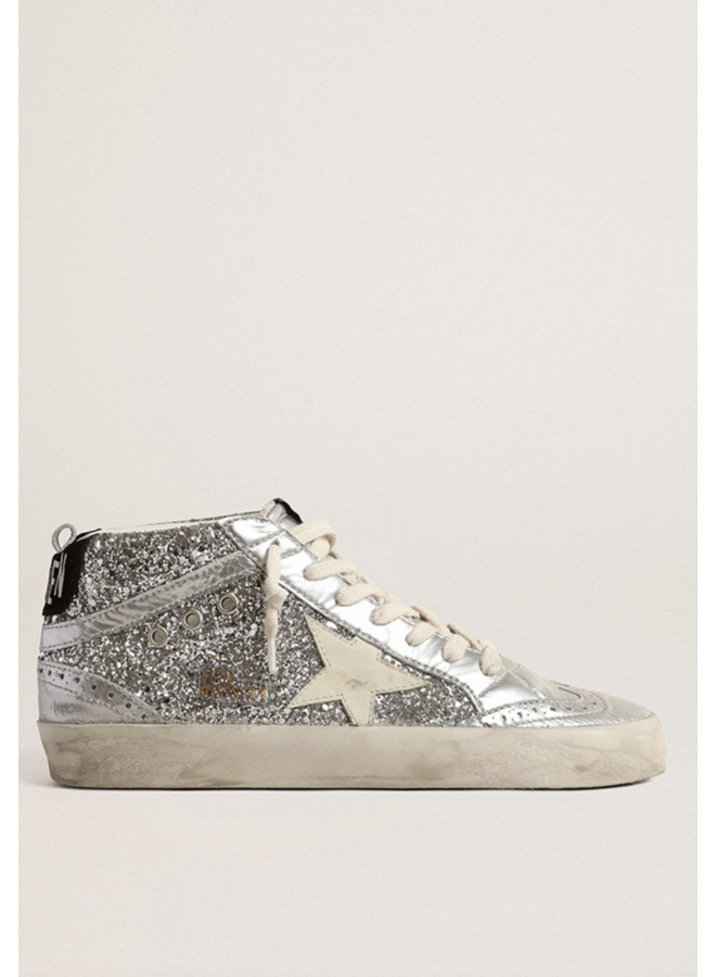 GOLDEN GOOSE  MID STAR GLITTER UPPER LAMINATED TOE WAVE AND SPUR LEATHER STAR SUEDE HEEL SILVER/IVORY/BLACK