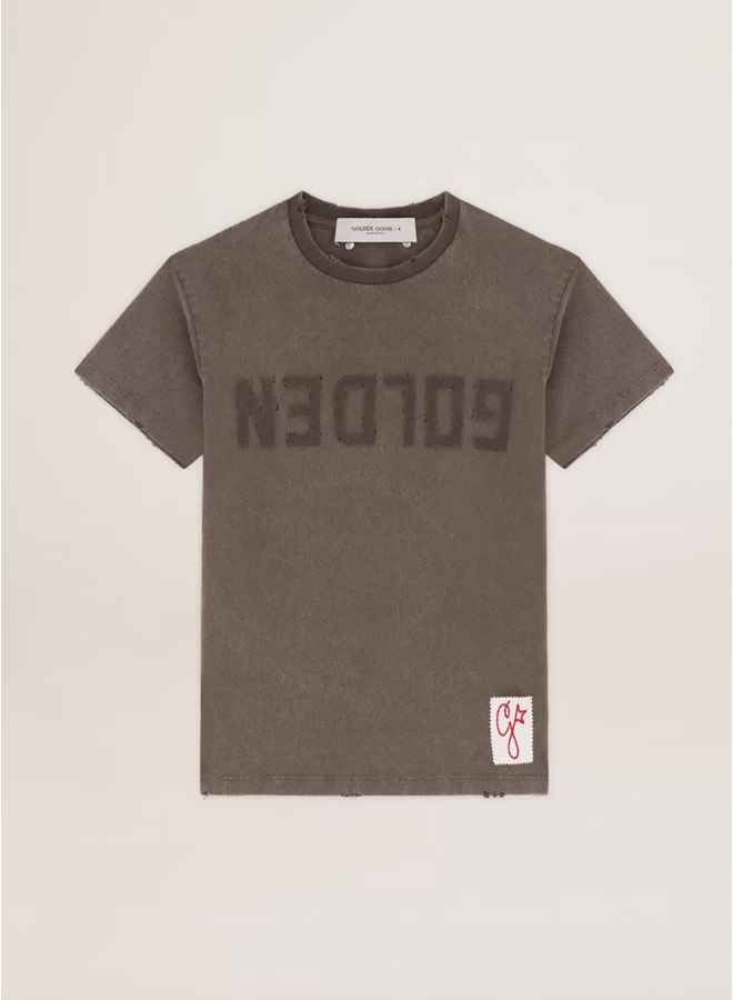GOLDEN GOOSE  DISTRESSED COTTON JERSEY WITH LOGO GWP01220.P000671.35479 DUSTY OLIVE