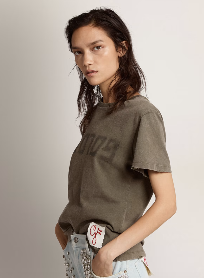 GOLDEN GOOSE  DISTRESSED COTTON JERSEY WITH LOGO DUSTY OLIVE DUSTY OLIVE