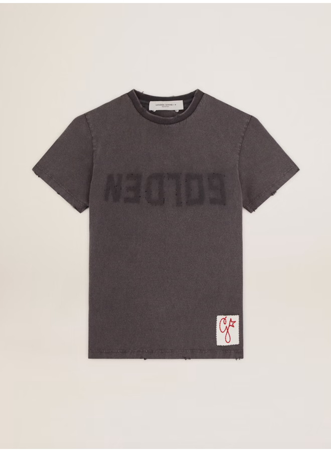 GOLDEN GOOSE  DISTRESSED COTTON JERSEY WITH LOGO ANTHRACITE  ANTHRACITE