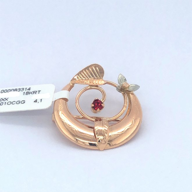 Roségouden occasion broche  met synthetische rode steen