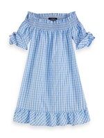 Jurk, Scotch & soda, meisjes off-shoulder,  wit/blauw geruit