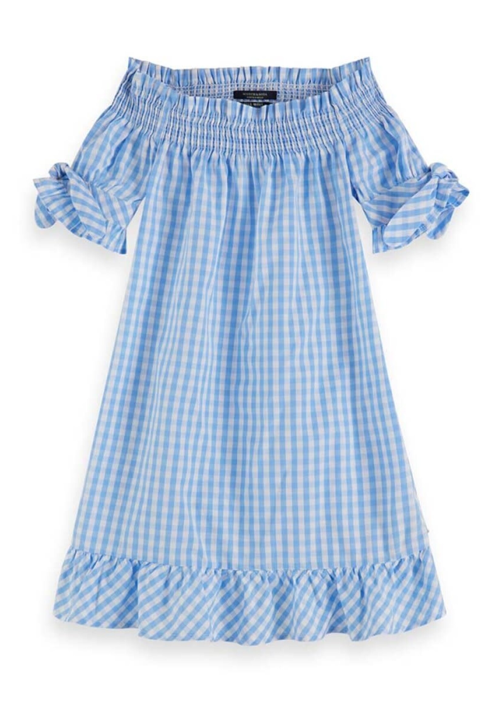 Jurk, Scotch & soda, meisjes off-shoulder,  wit/blauw geruit