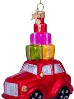Kerstbal Red car presents on top, Vondels
