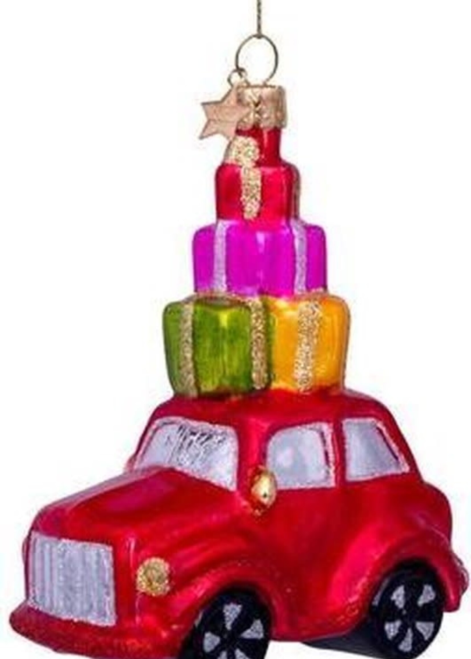 Kerstbal Red car presents on top, Vondels