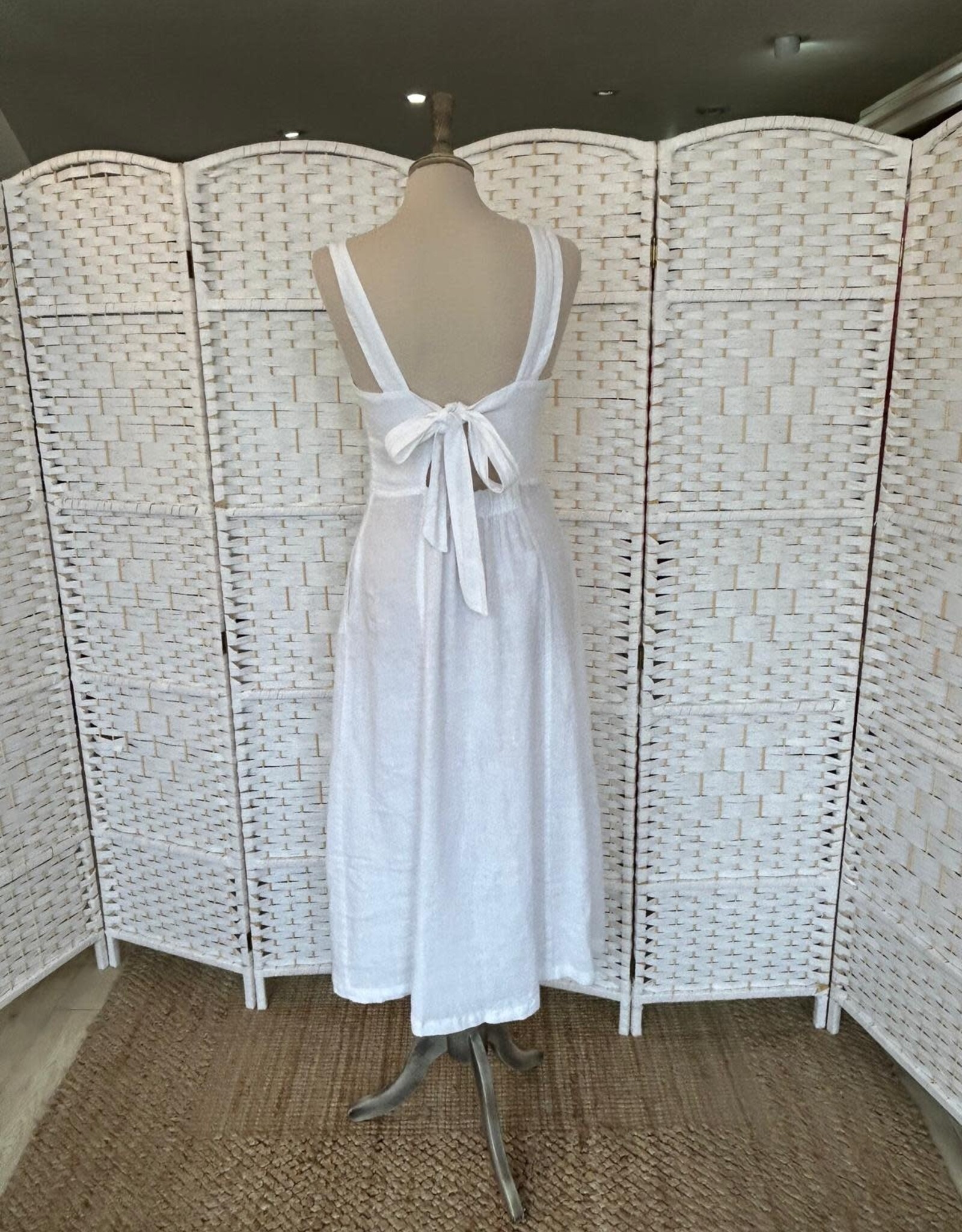 HARIS LINEN OF GREECE MIDI SUNDRESS WITH SQUARE NECKLINE/TIE BACK