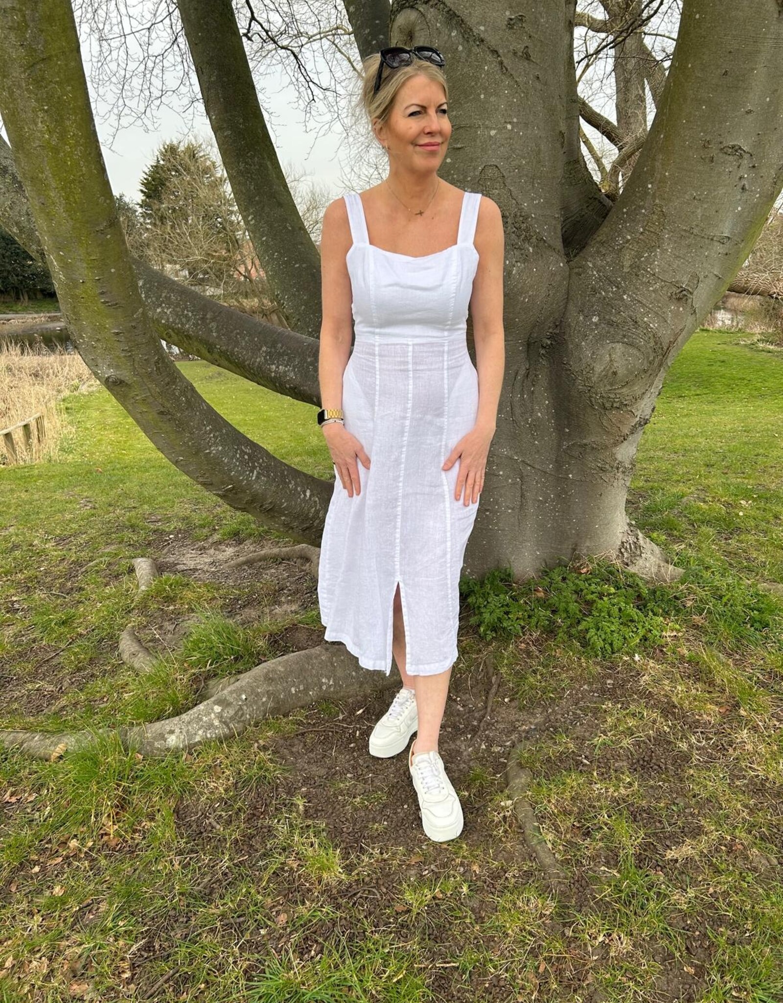HARIS LINEN OF GREECE MIDI SUNDRESS WITH SQUARE NECKLINE/TIE BACK