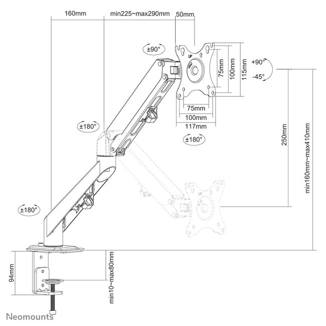 Neomounts DS70-700BL1 Monitorarm 17-27" - gasveer