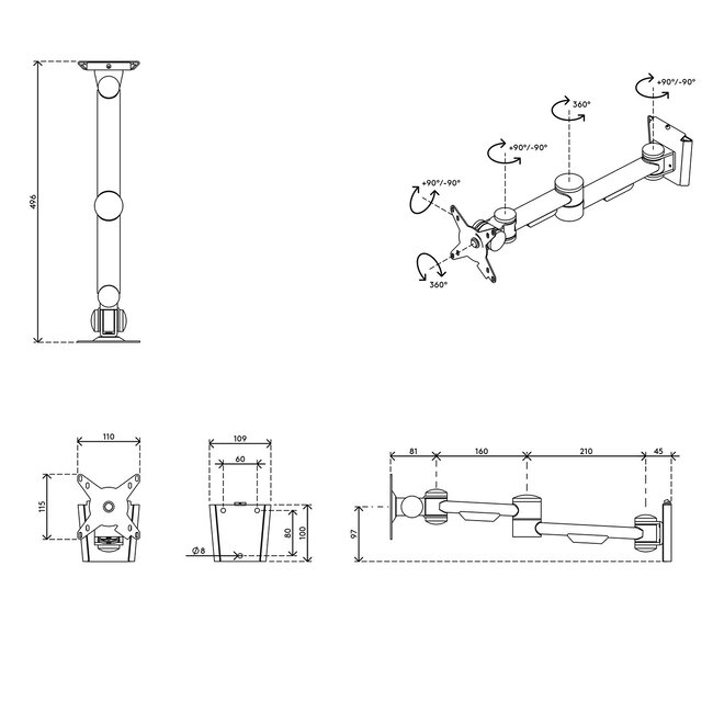 Dataflex Viewmate monitorarm Zilver - wand 042