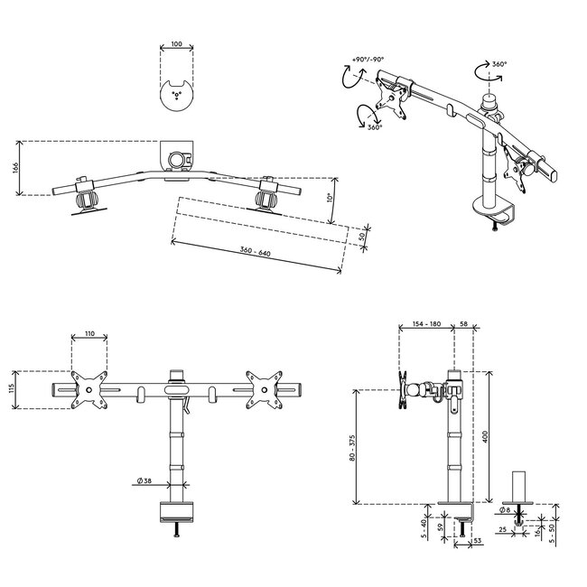 Dataflex ViewMate Monitorarm 643 Zwart Dubbele Monitorarm