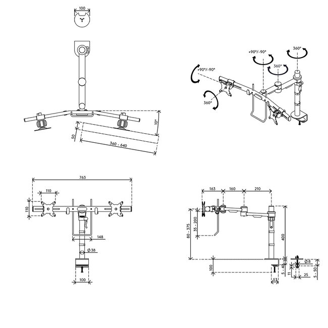Dataflex ViewMate Monitorarm 603 Zwart Dubbele Monitorarm