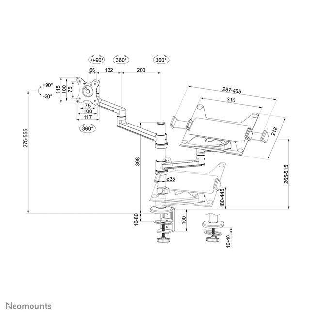 Neomounts DS20-425BL2 Monitorarm met laptophouder 17-27" - ruimtebesparend