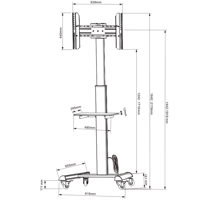 XTRARM  Proton 500 Verrijdbare TV Standaard Aluminium = Met 2 stopcontacten en 2 USB poorten