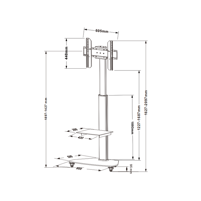 XTRARM  Proton 300 Verrijdbare TV Vloerstandaard Zwart - Met 2 stopcontacten