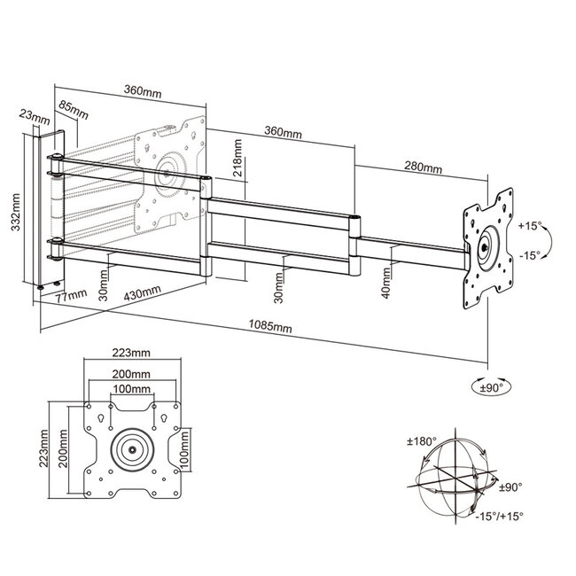 XTRARM  Axis XL 108,5 cm Draai- en Kantelbare TV Beugel Zwart