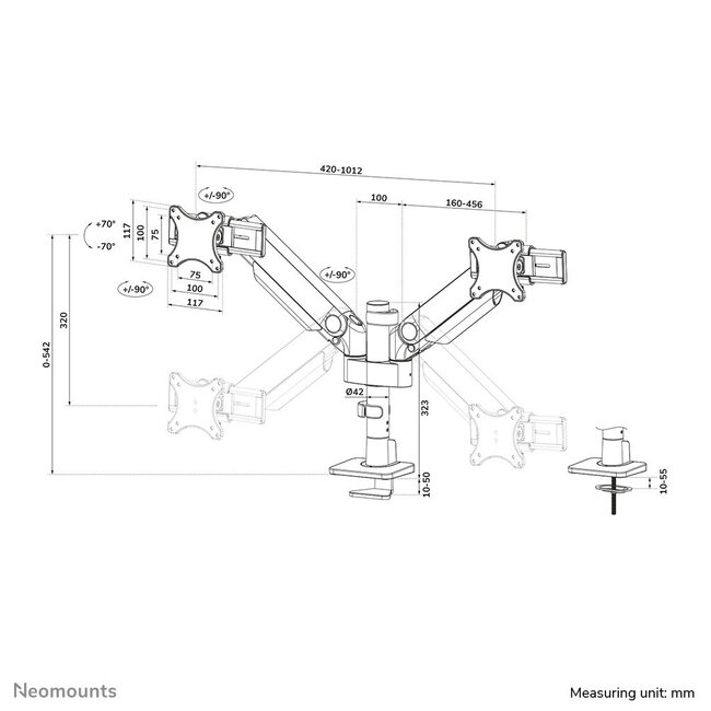Neomounts DS65S-950WH2 Monitorarm 24-34" - gasveer - Topfix - multi-instelbaar - 180°-stop