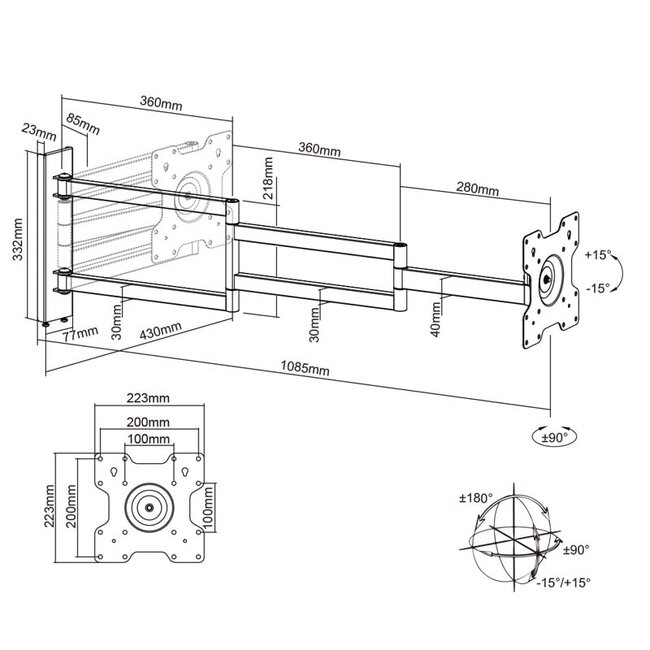 XTRARM  Axis XL 108,5 cm Draai- en Kantelbare TV Beugel Wit