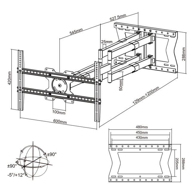 XTRARM  Cratos 120 cm Double 600 Rotate TV Beugel