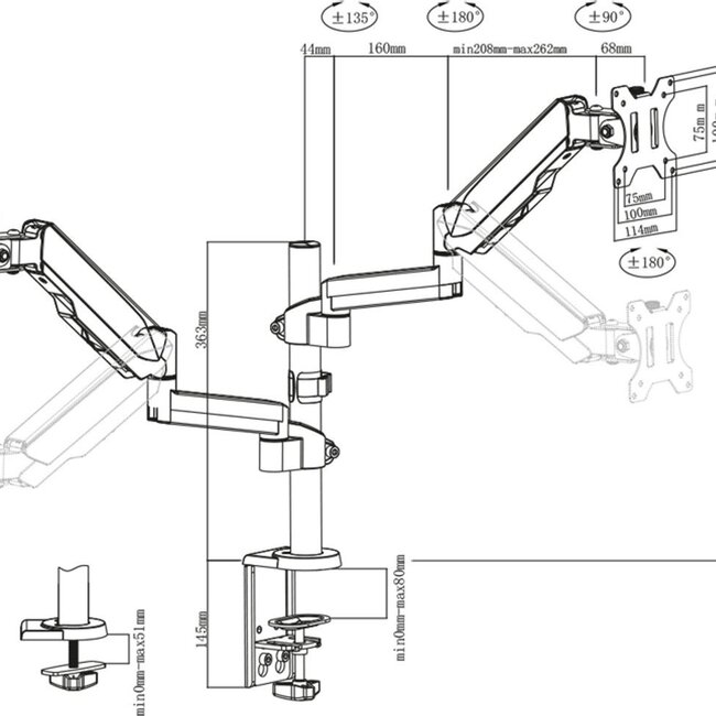 DQ  Dubbele Monitorarm zwart - met Gasveer