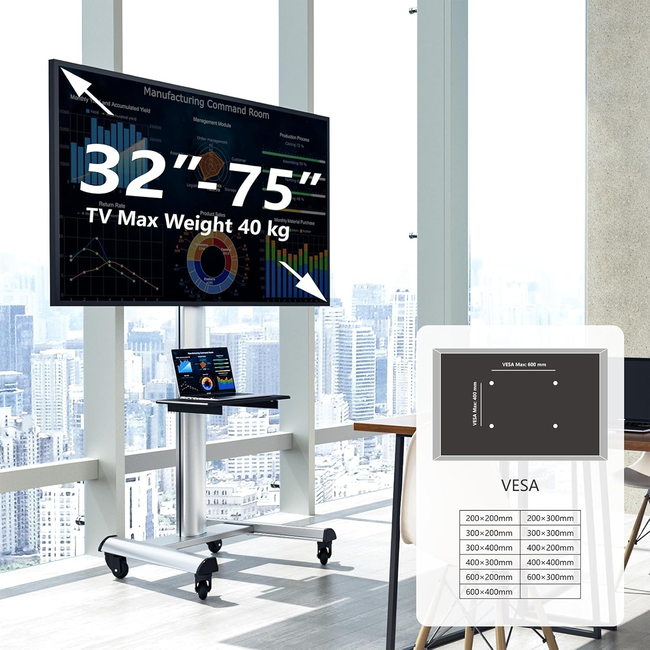 XTRARM  Proton 500 Verrijdbare TV Standaard Aluminium = Met 2 stopcontacten en 2 USB poorten