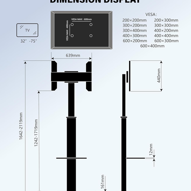 XTRARM  Proton 500  Verrijdbare TV Vloerstandaard Zwart - Met 2 stopcontacten en 2 USB poorten