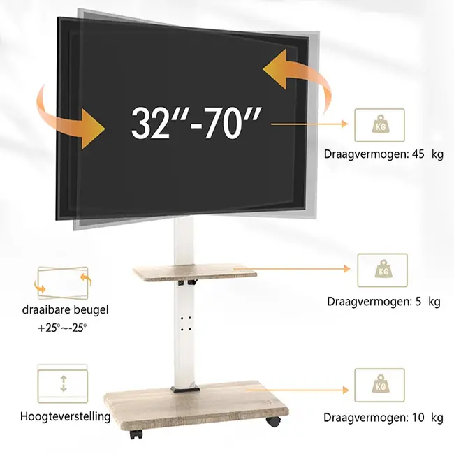 XTRARM  Delphos TV Vloerstandaard   Wit Eiken Verrijdbaar