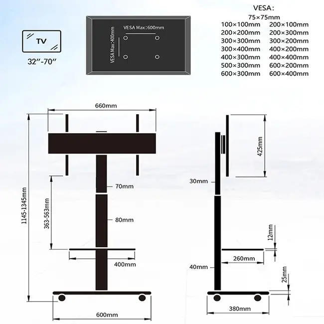 XTRARM  Delphos TV Vloerstandaard   Wit Eiken Verrijdbaar