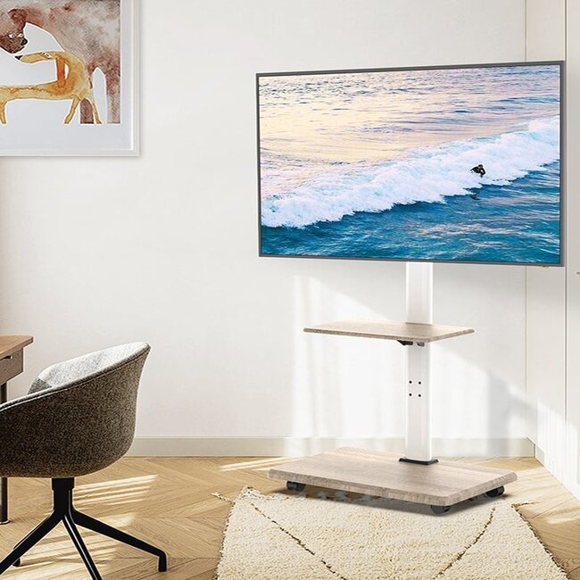 XTRARM  Delphos TV Vloerstandaard   Wit Eiken Verrijdbaar