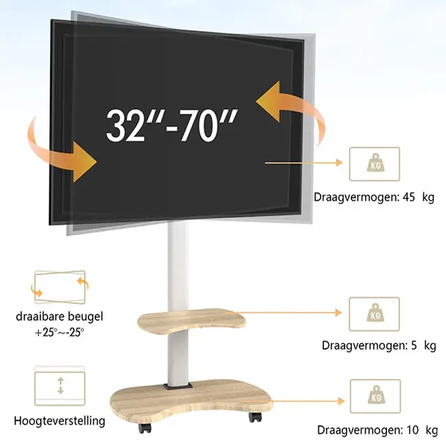 XTRARM  Stellar TV Vloerstandaard  Wit Eiken Verrijdbaar