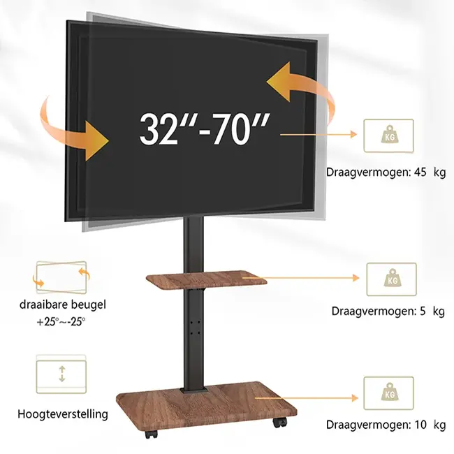 XTRARM  Delphos TV Vloerstandaard  Walnoot Verrijdbaar
