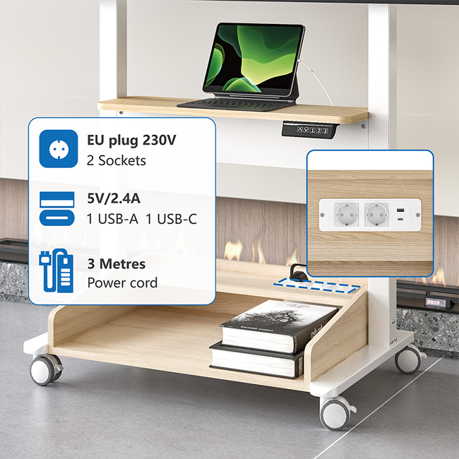 DQ  Zelos Elektrische TV Vloerstandaard – Wit / Eiken – Voor TV’s van 37 t/m 86 inch