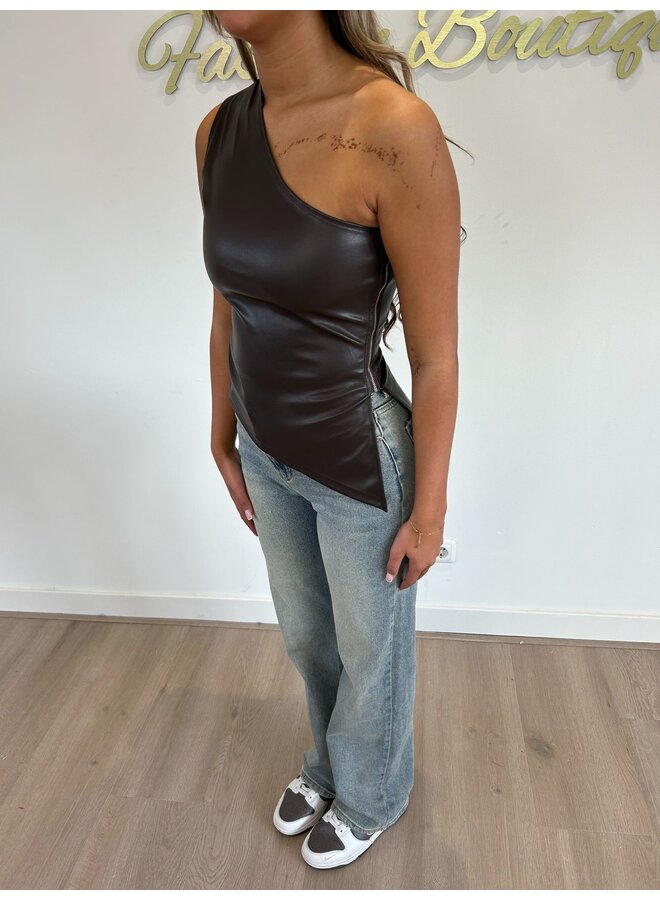 ONE SHOULDER LEATHER TOP BROWN