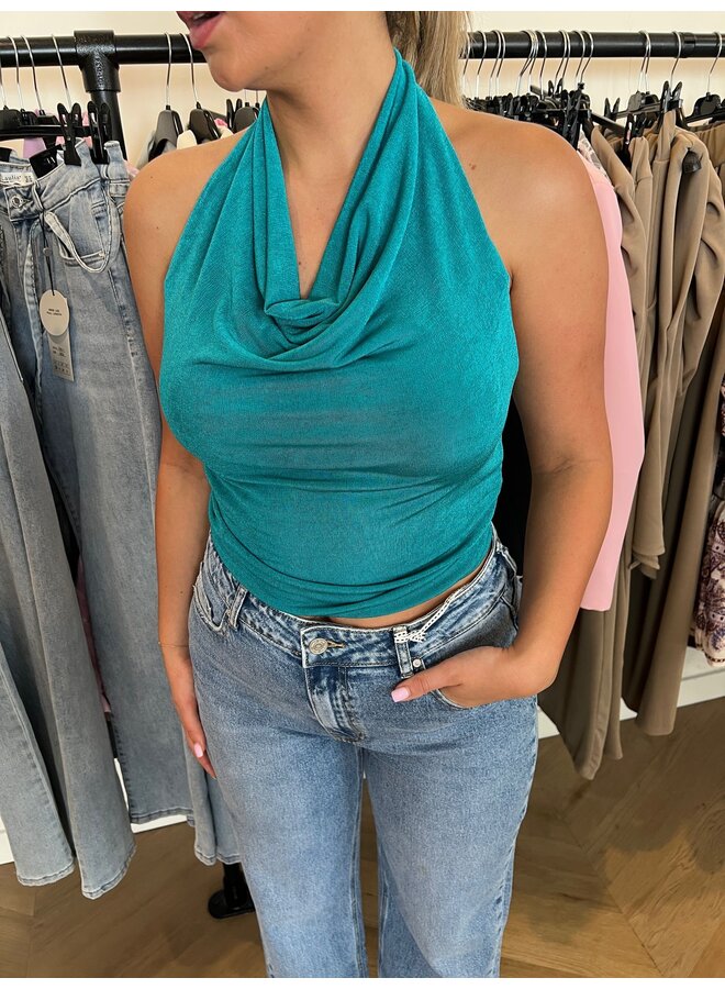 STRETCHY HALTER OPEN BACK TOP TURQOISE