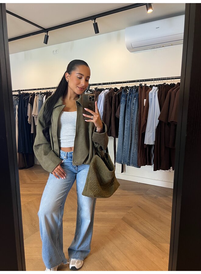 GREEN SUÈDE BOMBER JACKET