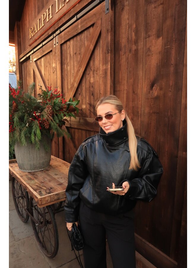 HIGH NECK LEATHER BOMBER BLACK