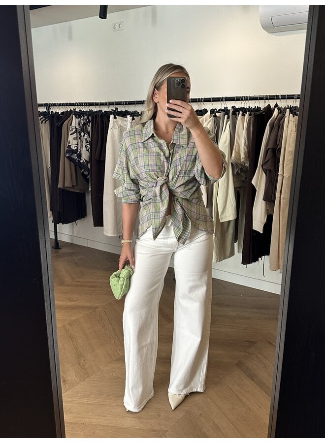 GERUITE BLOUSE OPEN GEWERKT GROEN-PAARS