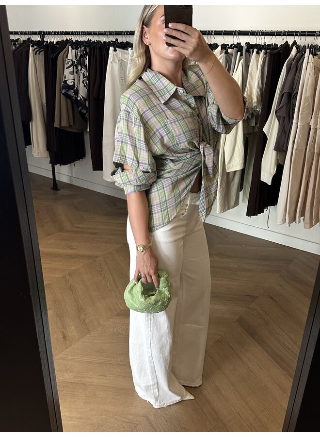 GERUITE BLOUSE OPEN GEWERKT GROEN-PAARS