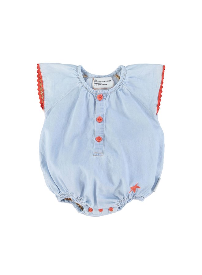 Piupiuchick baby romper w/ butterly sleeves light blue chambray