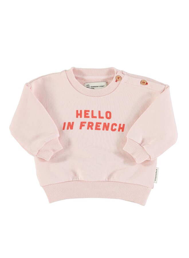 Piupiuchick sweatshirt pink w/ "hello in french" red print