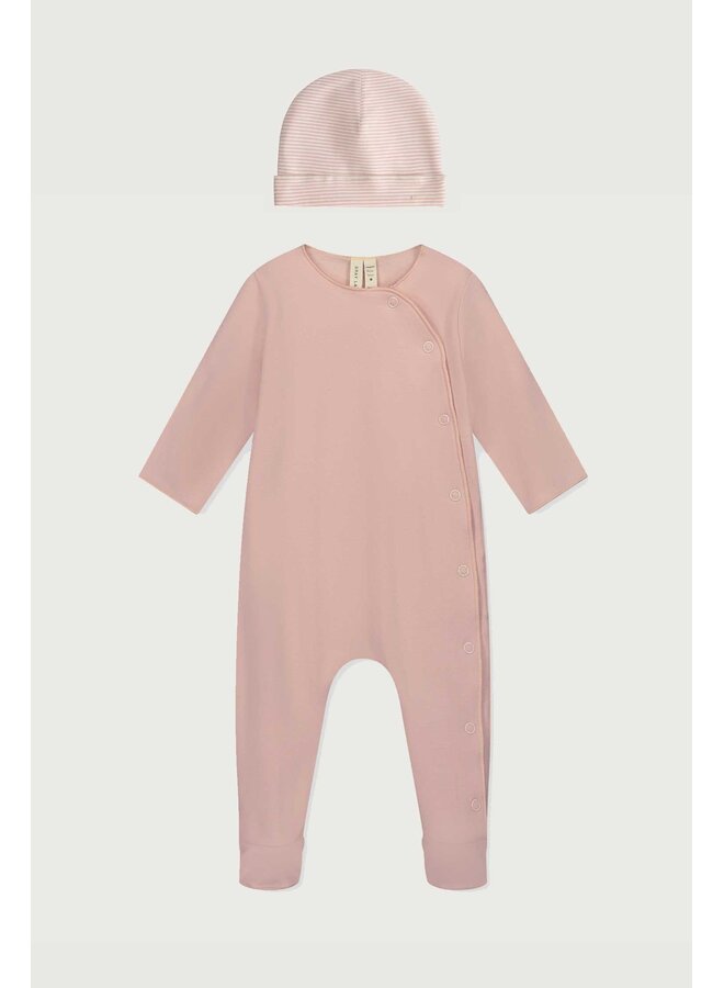 Gray label newborn suit with snaps gots faded pink