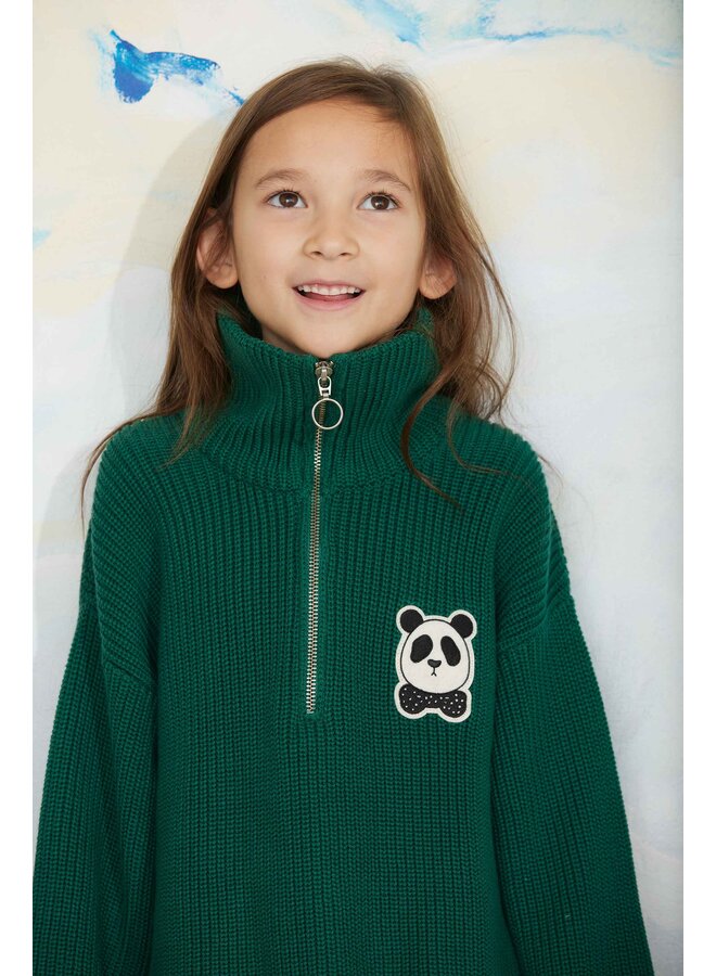 Mini rodini panda patch chunky knit half zip sweater green