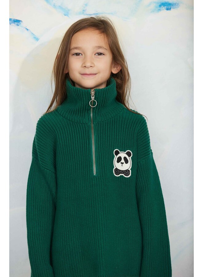 Mini rodini panda patch chunky knit half zip sweater green