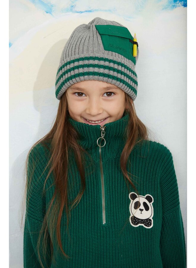 Mini rodini panda patch chunky knit half zip sweater green