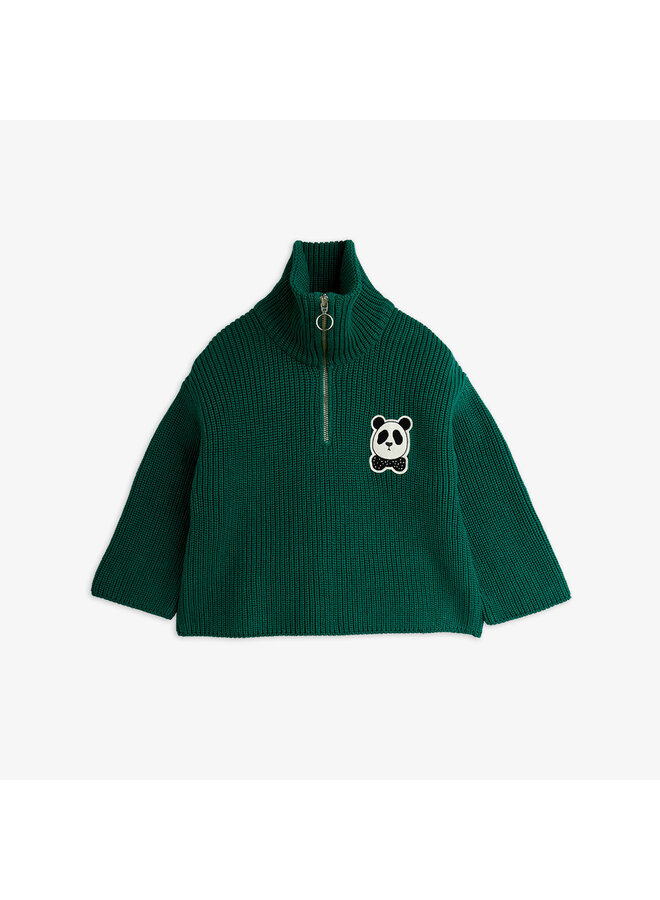 Mini rodini panda patch chunky knit half zip sweater green