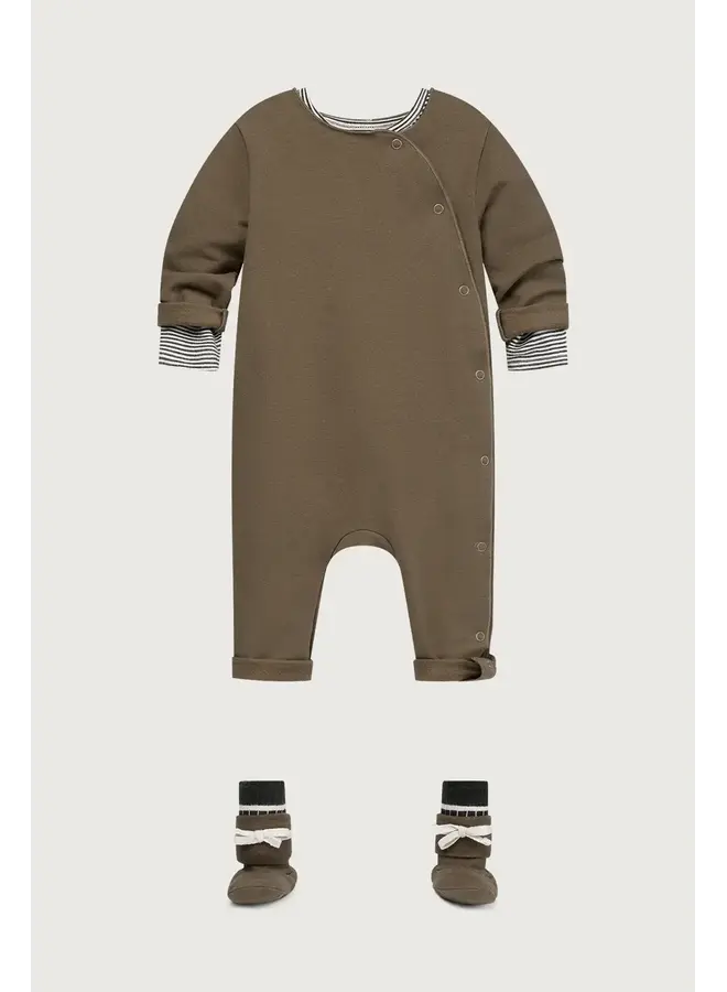 Gray label baby suit with snaps gots woody