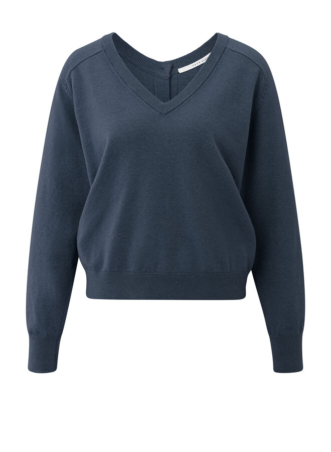 Yaya double v-neck sweater with buttons at back blue