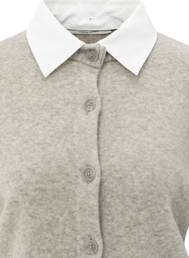 Yaya cardigan with detachable woven collar brownish grey