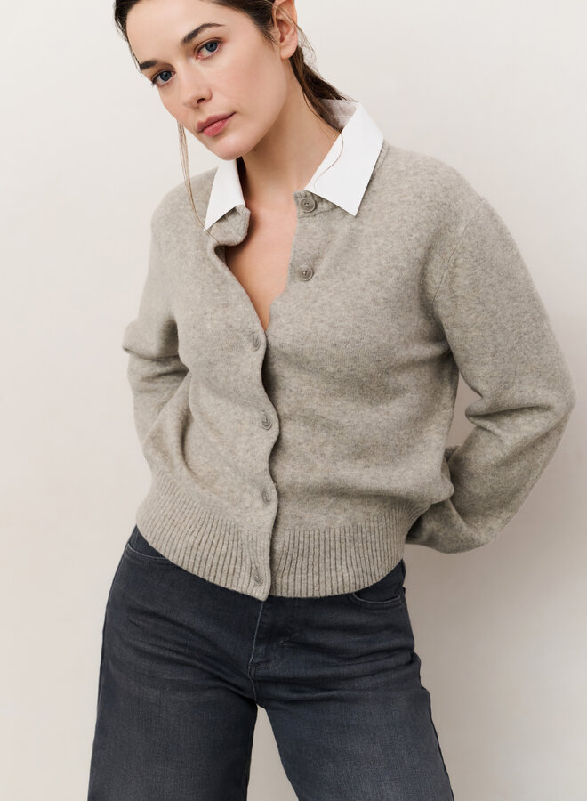 Yaya cardigan with detachable woven collar brownish grey