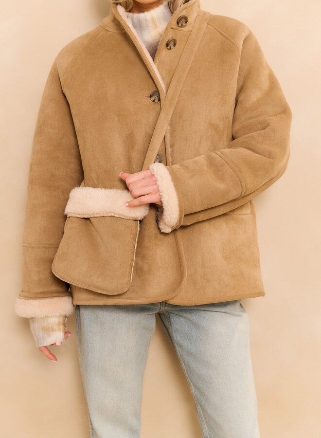 Yaya oversized lammy coat raglan sleeves camel