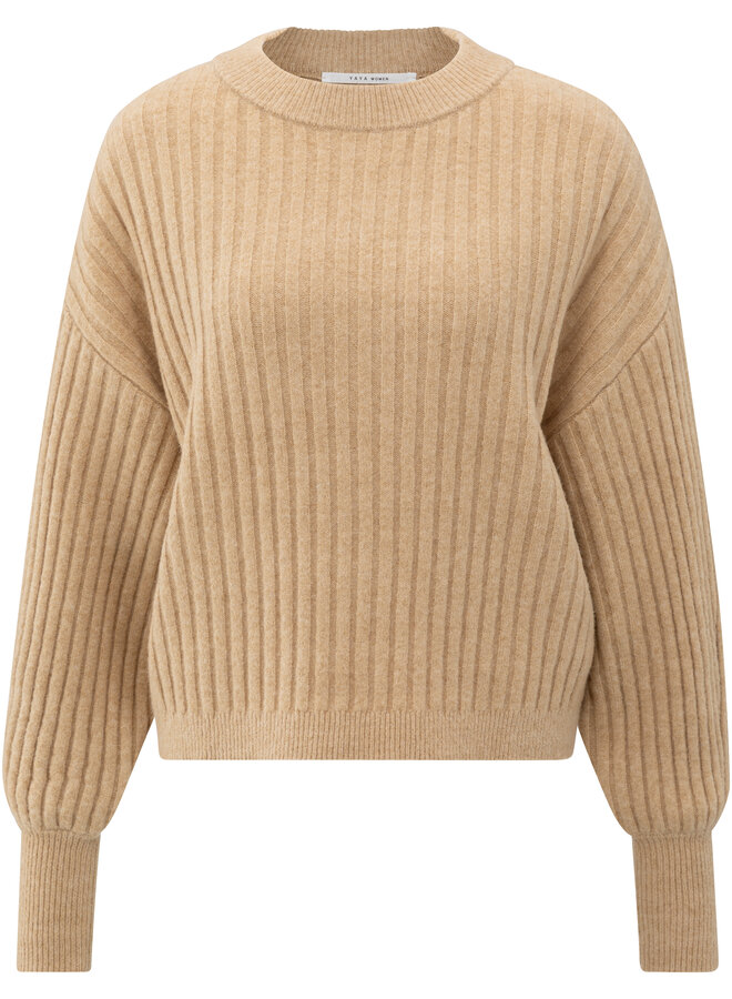 Yaya ribbed sweater round neck camel